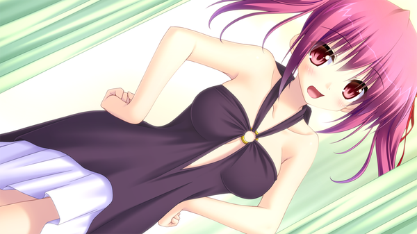 Anime picture 1280x720 with koi doki hasegawa mikoto single long hair looking at viewer blush open mouth red eyes wide image twintails bare shoulders game cg purple hair girl dress