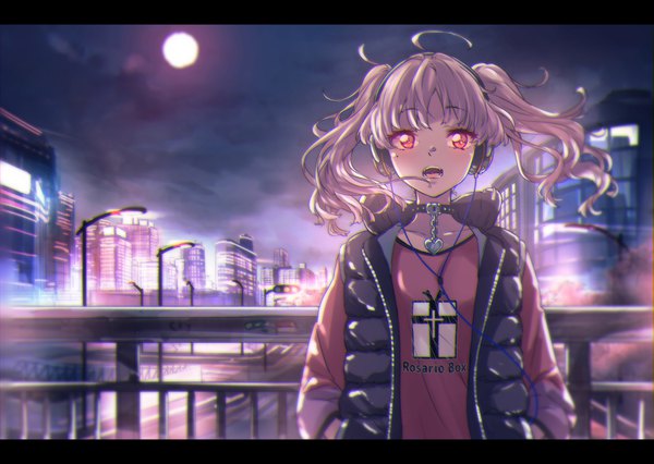 Anime picture 1020x725 with original rusk (canvas4ban) single long hair looking at viewer blush fringe open mouth red eyes twintails cloud (clouds) upper body ahoge outdoors :d wind grey hair night open clothes mole