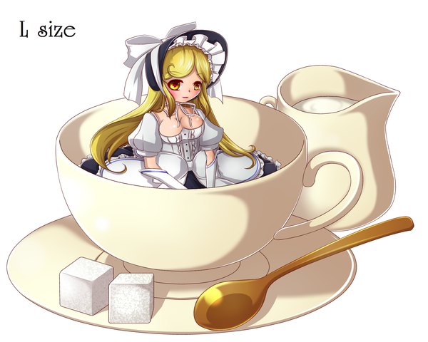 Anime picture 1750x1400 with touhou kirisame marisa kakiikada single long hair looking at viewer highres breasts simple background blonde hair smile white background yellow eyes braid (braids) short sleeves puffy sleeves side braid minigirl in container girl