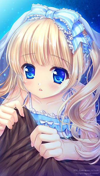 Anime picture 500x875 with original a.yuuki (au7) single long hair tall image blush open mouth blue eyes blonde hair night night sky girl dress bow hair bow frills