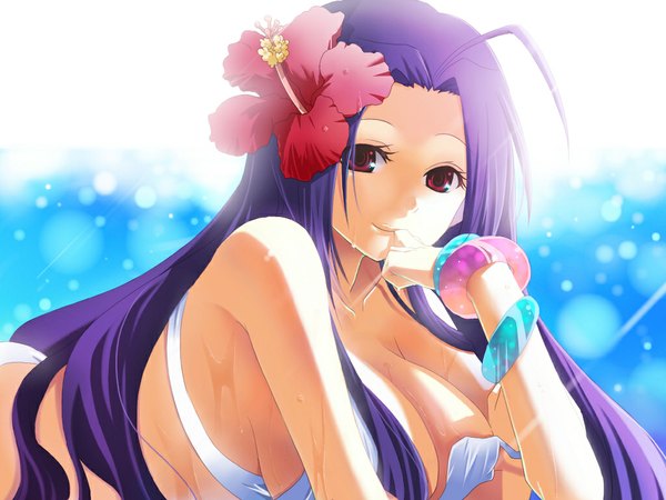 Anime picture 1024x768 with idolmaster miura azusa kiko single long hair breasts light erotic smile red eyes purple hair ahoge hair flower sparkle wet wallpaper huge breasts finger to mouth strap slip sunbeam hair ornament
