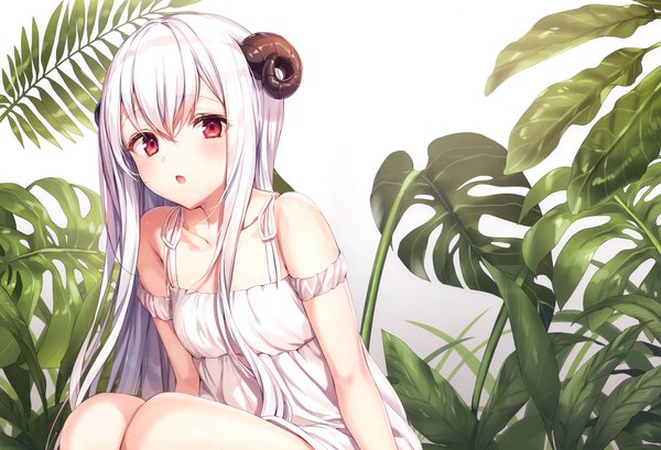 Anime picture 4231x2886 with original komeshiro kasu single long hair looking at viewer blush fringe highres open mouth simple background hair between eyes red eyes white background sitting absurdres white hair horn (horns) scan off shoulder :o
