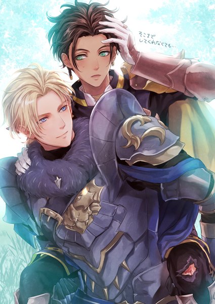 Anime picture 709x1000 with fire emblem fire emblem: three houses fire emblem warriors: three hopes nintendo dimitri alexandre blaiddyd claude von riegan hksi1pin tall image blush short hair blue eyes blonde hair smile brown hair green eyes looking away multiple boys fur trim hand on head hand on another's shoulder