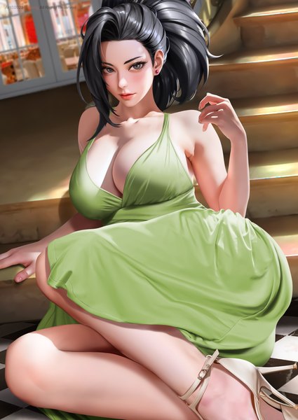 Anime picture 3768x5324 with boku no hero academia studio bones yaoyorozu momo yi qiang single long hair tall image looking at viewer blush highres breasts light erotic black hair large breasts sitting absurdres cleavage outdoors ponytail black eyes