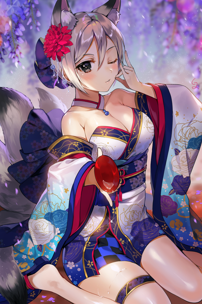 Anime picture 614x926 with idolmaster idolmaster cinderella girls idolmaster cinderella girls starlight stage shiomi shuuko gijang single tall image looking at viewer blush fringe short hair breasts light erotic hair between eyes large breasts sitting bare shoulders holding animal ears tail