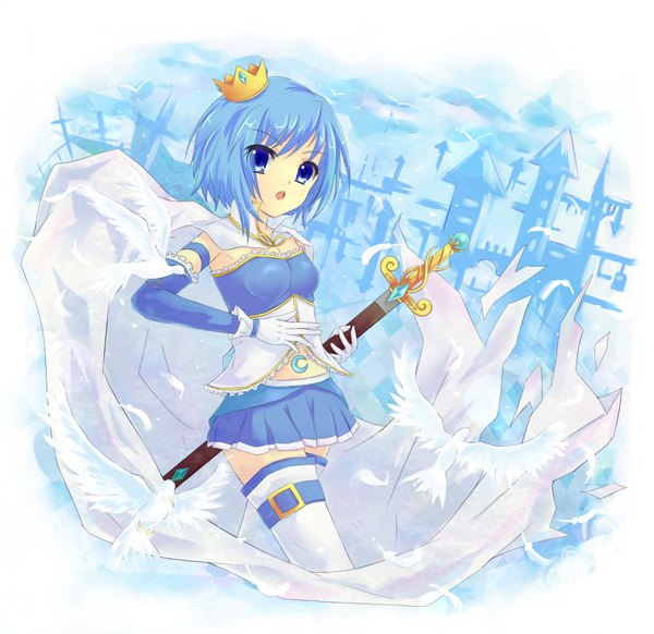 Anime picture 2000x1941 with mahou shoujo madoka magica shaft (studio) miki sayaka tenhi tsukitori single highres short hair blue eyes blue hair girl gloves weapon animal sword elbow gloves bird (birds) feather (feathers) cloak crown