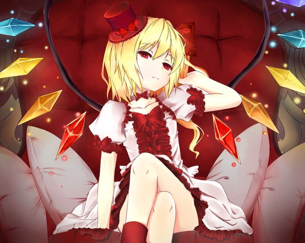 Anime picture 4444x3555 with touhou flandre scarlet dinyc wanli changge single long hair looking at viewer blush fringe highres blonde hair hair between eyes red eyes sitting payot absurdres arm up short sleeves one side up crossed legs