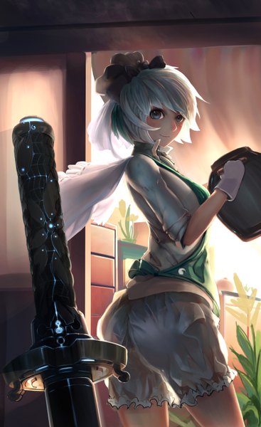 Anime picture 1850x3020 with touhou konpaku youmu janyhero single tall image looking at viewer blush fringe highres short hair blue eyes standing white hair light smile wind arched back cooking girl gloves bow