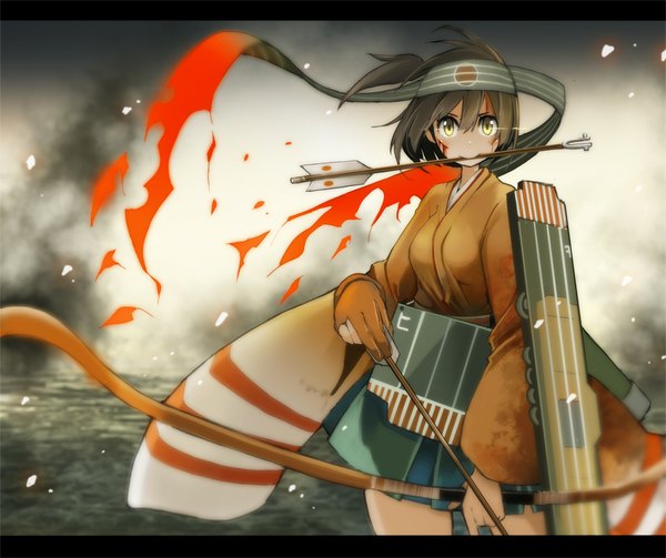 Anime picture 1084x910 with kantai collection hiryuu aircraft carrier tansuke single looking at viewer fringe short hair breasts brown hair holding wide sleeves one side up mouth hold glowing letterboxed glowing eye (eyes) girl skirt gloves weapon