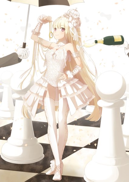 Anime picture 1254x1771 with ahira yuzu single long hair tall image red eyes bare shoulders white hair light smile checkered floor girl thighhighs dress white thighhighs umbrella clock crown bottle pocket watch confetti chess