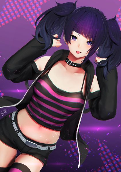Anime picture 2935x4175 with idolmaster idolmaster shiny colors tanaka mamimi hayabusa single tall image looking at viewer blush fringe highres short hair light erotic purple eyes twintails purple hair blunt bangs open clothes arms up midriff dutch angle