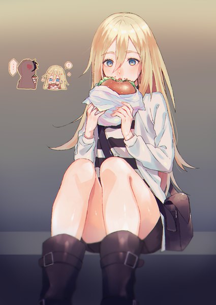 Anime picture 1432x2022 with satsuriku no tenshi ray (satsuriku no tenshi) zack (satsuriku no tenshi) sinomi long hair tall image blush fringe open mouth blue eyes black hair blonde hair simple background hair between eyes sitting holding upper body bent knee (knees) long sleeves bare legs