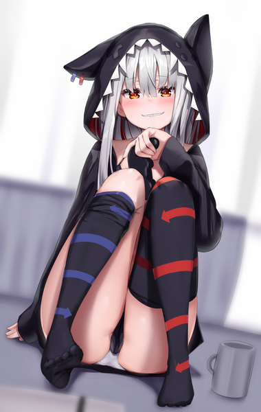 Anime picture 950x1500 with original reinama single long hair tall image looking at viewer blush fringe light erotic smile hair between eyes sitting holding brown eyes silver hair long sleeves head tilt blurry arm support teeth