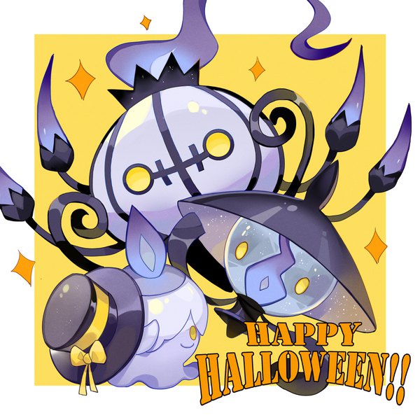 Anime-Bild 3392x3392 mit pokemon pokemon black and white nintendo chandelure litwick lampent longyu highres absurdres border halloween no people yellow background happy halloween gen 5 pokemon hat pokemon (creature)