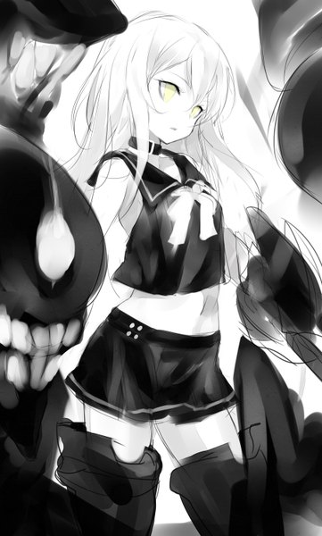Anime picture 1808x3000 with kantai collection kisaragi destroyer destroyer hime kogeneko long hair tall image fringe highres simple background standing yellow eyes parted lips head tilt bare belly zettai ryouiki glowing monochrome glowing eye (eyes) clenched teeth sketch