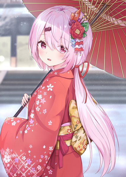Anime picture 2760x3881 with virtual youtuber nijisanji shiina yuika racchi. single long hair tall image blush fringe highres open mouth pink hair traditional clothes :d japanese clothes pink eyes hair over one eye floral print low ponytail new year