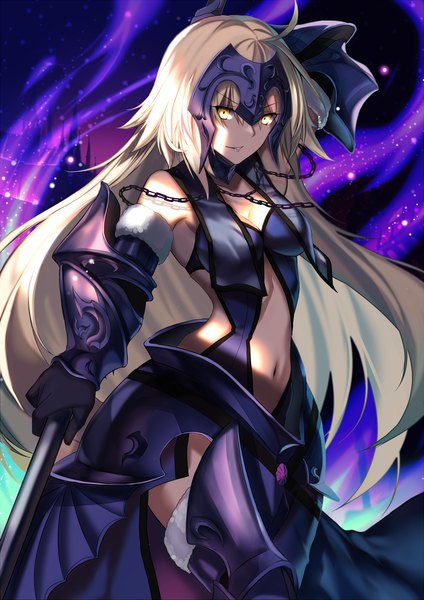 Anime picture 1000x1414 with fate (series) fate/grand order fate/apocrypha jeanne d'arc (fate) (all) jeanne d'arc alter (fate) jeanne d'arc alter (avenger) (third ascension) (fate) karlwolf single long hair tall image looking at viewer light erotic blonde hair yellow eyes night glowing dark background girl gloves navel