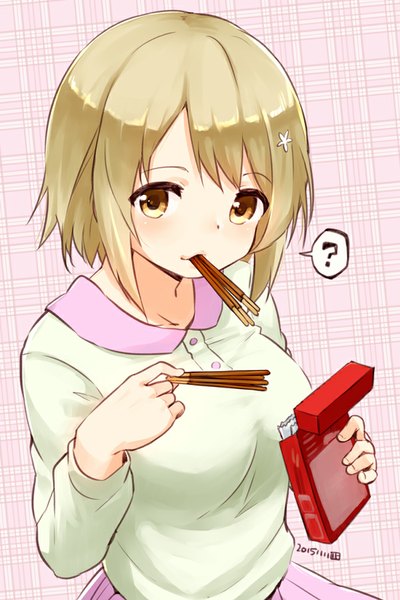 Anime picture 600x899 with idolmaster idolmaster cinderella girls mimura kanako nagian single tall image looking at viewer blush fringe short hair breasts open mouth blonde hair holding brown eyes pleated skirt from above mouth hold dated pink background