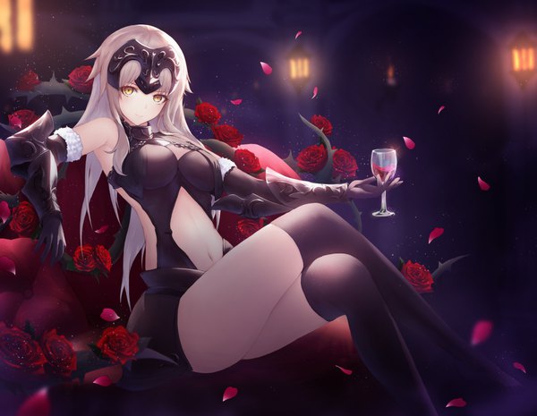 Anime picture 1624x1260 with fate (series) fate/grand order jeanne d'arc (fate) (all) jeanne d'arc alter (fate) jeanne d'arc alter (avenger) (third ascension) (fate) necoring862 single long hair looking at viewer blush fringe breasts light erotic smile sitting holding yellow eyes silver hair no shoes crossed legs