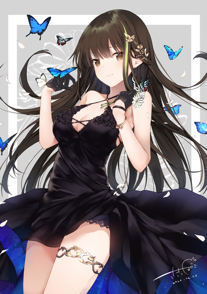 Anime picture 1170x1659 with girls frontline m4a1 (girls frontline) sakippo (sakippo0) single long hair tall image looking at viewer blush fringe breasts simple background brown hair standing bare shoulders holding brown eyes signed payot cleavage multicolored hair