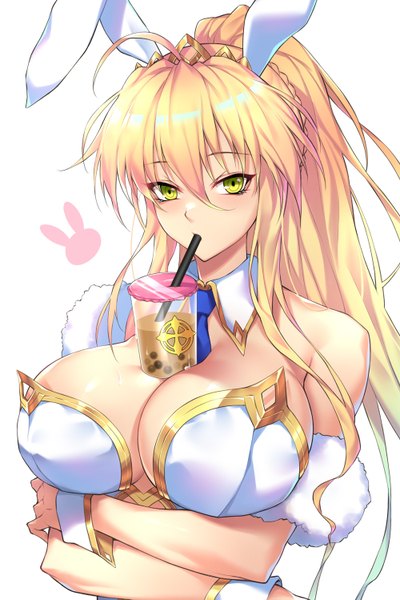 Anime picture 1000x1497 with fate (series) fate/grand order artoria pendragon (all) artoria pendragon (swimsuit ruler) (fate) nasaniliu single long hair tall image looking at viewer blush fringe breasts light erotic blonde hair hair between eyes standing bare shoulders green eyes animal ears payot
