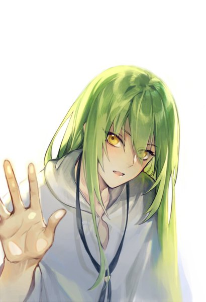 Anime picture 600x876 with fate (series) fate/strange fake enkidu (fate) kangetsu (fhalei) single long hair tall image looking at viewer fringe open mouth simple background hair between eyes white background yellow eyes upper body head tilt green hair blurry androgynous against glass