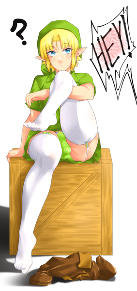 Anime picture 1937x4096 with the legend of zelda the legend of zelda: ocarina of time nintendo link omiiverse single tall image looking at viewer blush fringe highres short hair blue eyes light erotic simple background blonde hair white background sitting full body bent knee (knees)