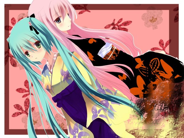 Anime picture 1267x950 with vocaloid hatsune miku megurine luka multiple girls green eyes pink hair japanese clothes green hair girl 2 girls kimono