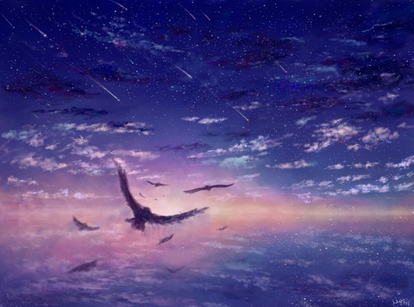 Anime picture 3500x2600 with original koocha hikari highres absurdres cloud (clouds) sunlight night night sky flying no people sunrise meteor rain animal sea bird (birds) star (stars) feather (feathers) sun