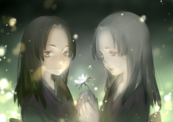 Anime picture 2000x1414 with mushishi luman long hair looking at viewer highres black hair multiple girls green eyes eyes closed traditional clothes japanese clothes holding hands freckles girl flower (flowers) 2 girls kimono