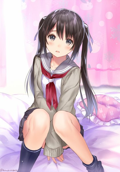 Anime picture 793x1129 with original hanekoto single long hair tall image looking at viewer blush open mouth light erotic black hair twintails brown eyes girl skirt uniform ribbon (ribbons) hair ribbon miniskirt socks serafuku