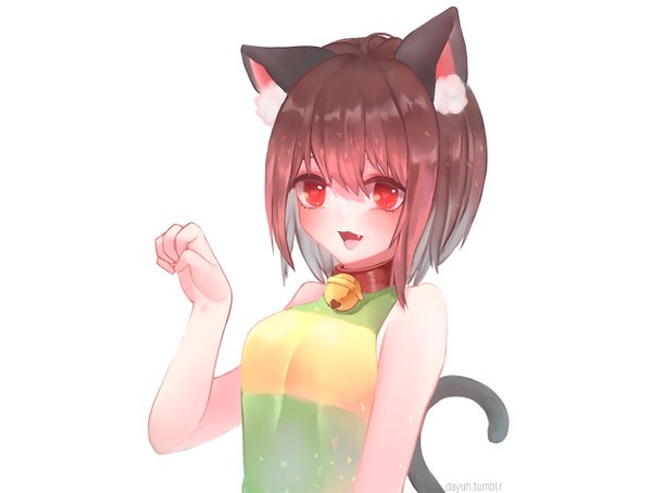 Anime-Bild 1233x933 mit undertale chara (undertale) dayuh single blush fringe short hair open mouth simple background hair between eyes red eyes brown hair white background bare shoulders signed animal ears looking away upper body cat ears symbol-shaped pupils