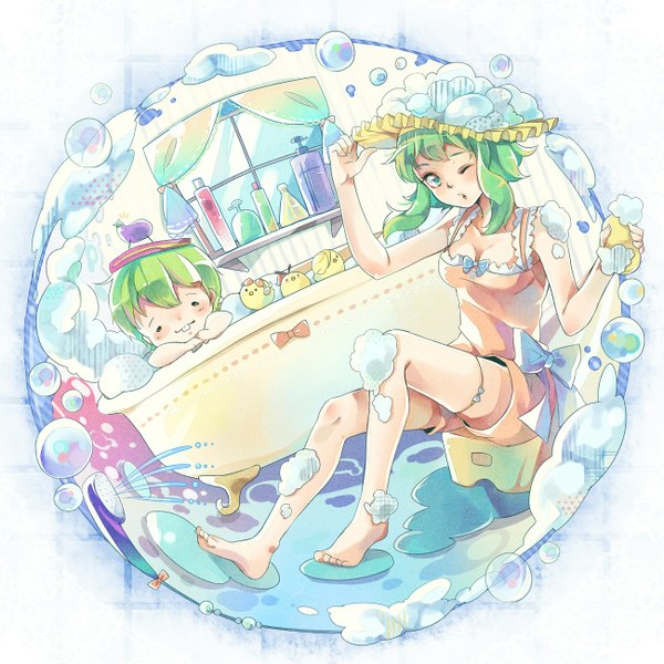 Anime picture 1300x1300 with hirake! ponkikki vocaloid gumi ryuto (vocaloid) gachapin nou looking at viewer blush green eyes one eye closed barefoot wink girl boy hat window bath suds rubber duck eggplant