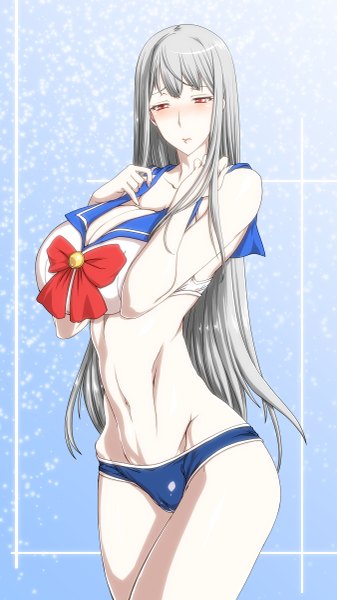 Anime picture 675x1200 with valkyria chronicles selvaria bles ebido single long hair tall image blush breasts light erotic red eyes standing looking away silver hair embarrassed huge breasts snowing girl underwear panties lingerie