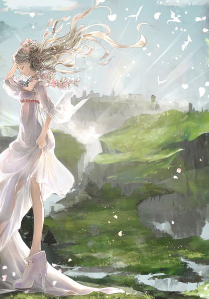 Anime picture 1120x1600 with original akemori kiko single long hair tall image brown hair holding sky outdoors eyes closed hair flower wind high heels hand on head girl dress flower (flowers) shoes white dress ankle boots
