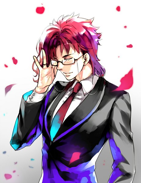 Anime picture 800x1039 with jojo no kimyou na bouken kakyoin noriaki kangetsu (fhalei) single tall image short hair simple background smile red hair eyes closed gradient background boy petals glasses necktie suit