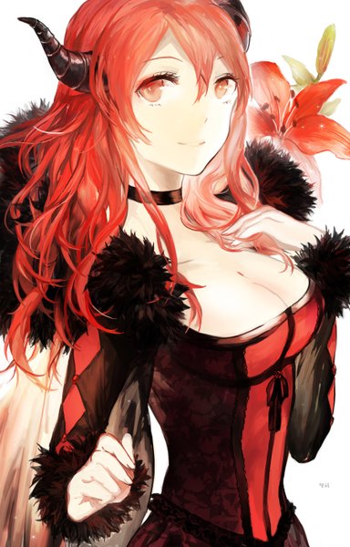 Anime picture 900x1406 with maoyuu maou yuusha arms corporation maou (maoyuu) juexing (moemoe3345) single long hair tall image breasts simple background red eyes white background looking away cleavage red hair horn (horns) light smile girl dress flower (flowers) choker