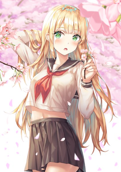 Anime picture 4960x7016 with original kokose single long hair tall image looking at viewer blush fringe highres open mouth blonde hair standing holding green eyes absurdres blunt bangs long sleeves pleated skirt arm up :o