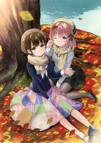 Anime picture 2494x3500 with original hanekoto tall image looking at viewer blush highres short hair brown hair sitting purple eyes multiple girls pink hair full body one eye closed from above black eyes scan wariza autumn girl