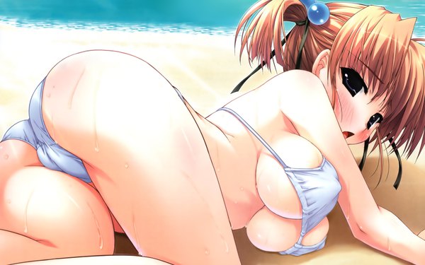 Anime picture 4000x2500 with amatsu misora ni! shintarou single blush highres short hair breasts open mouth light erotic blonde hair wide image purple eyes twintails absurdres game cg wet beach huge breasts short twintails girl