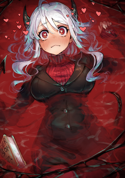 Anime picture 1500x2125 with helltaker modeus (helltaker) mephist single long hair tall image looking at viewer blush fringe breasts hair between eyes red eyes large breasts payot silver hair ahoge tail horn (horns) partially submerged symbol-shaped pupils
