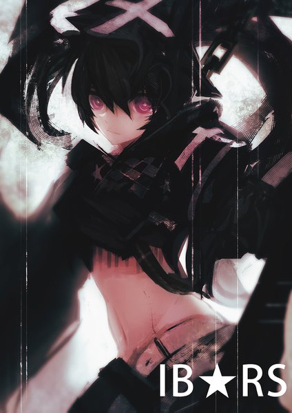 Anime picture 1000x1415 with black rock shooter insane black rock shooter lingxing single long hair tall image looking at viewer fringe black hair hair between eyes twintails payot upper body pink eyes blurry midriff character names girl belt star (symbol)