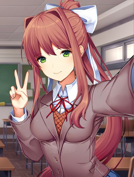 Anime picture 986x1300 with doki doki literature club monika (doki doki literature club) satchely single long hair tall image looking at viewer fringe smile hair between eyes brown hair green eyes payot ponytail indoors long sleeves blurry official art depth of field victory