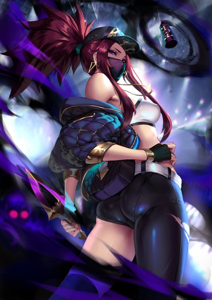 Anime picture 905x1280 with league of legends k/da (league of legends) akali (league of legends) k/da akali cian yo single long hair tall image looking at viewer breasts blue eyes light erotic brown hair standing bare shoulders holding payot ass ponytail looking back