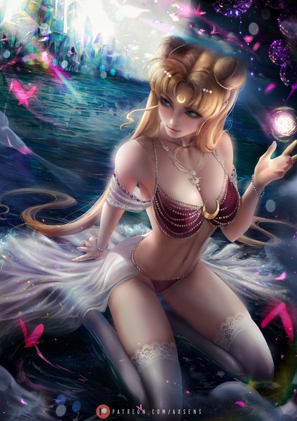 Anime picture 3532x5000 with bishoujo senshi sailor moon toei animation tsukino usagi princess serenity axsen single long hair tall image fringe highres breasts blue eyes light erotic blonde hair smile large breasts sitting signed looking away absurdres
