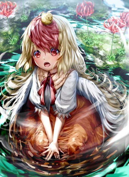 Anime picture 1024x1400 with touhou niwatari kutaka ryosios single tall image fringe short hair open mouth blonde hair hair between eyes red eyes red hair multicolored hair from above two-tone hair puffy sleeves partially submerged river animal on head bird on head