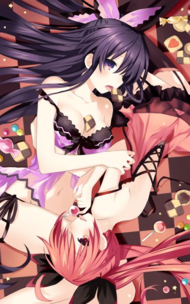 Anime picture 1200x1920 with date a live yatogami tooka itsuka kotori long hair tall image looking at viewer breasts open mouth light erotic red eyes purple eyes twintails bare shoulders multiple girls cleavage purple hair red hair bare legs half updo between breasts