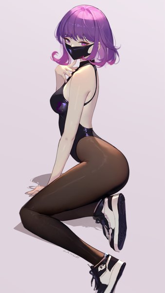 Anime picture 2000x3541 with original lance (lancelliu) single tall image fringe highres short hair light erotic simple background purple eyes looking away purple hair full body ass shadow purple background borrowed character girl pantyhose shoes
