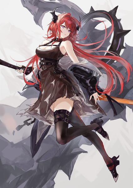 Anime picture 1446x2045 with arknights surtr (arknights) kachi single long hair tall image looking at viewer fringe breasts hair between eyes purple eyes bare shoulders holding cleavage full body bent knee (knees) red hair head tilt horn (horns) off shoulder