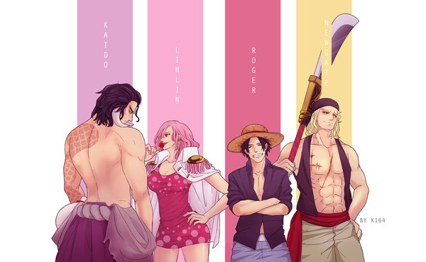 Anime picture 1500x923 with one piece toei animation edward newgate gol d roger charlotte linlin kaidou (one piece) k164 long hair black hair simple background blonde hair smile wide image standing white background bare shoulders holding signed looking away pink hair